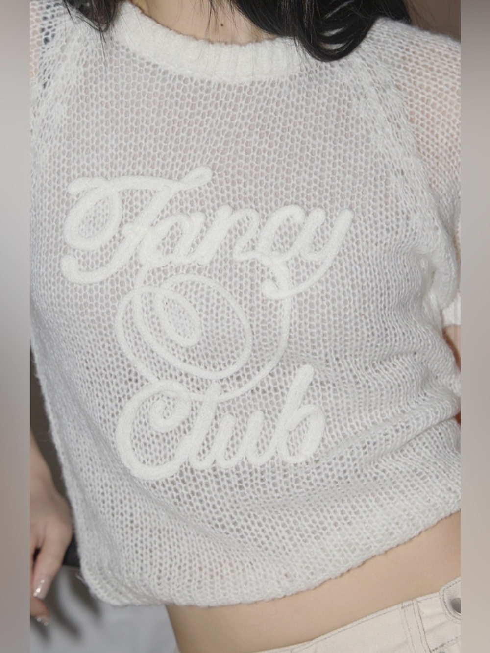 Fancy Club Embroidered Net Knit Top Ivory One Size Raglan Sheer Logo Trendy